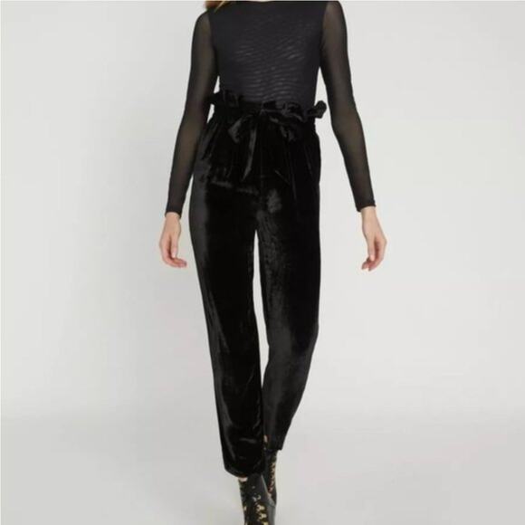 Alice + Olivia Pants - Alice + Olivia Black Velvet High Waisted Paperbag Bow Belt Pants size 4